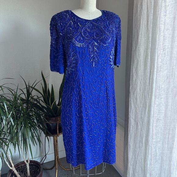 Silky Nites New York Women’s 1X Dress Royal Blue Silk Beaded Sequin Glam 80s - Picture 1 of 4
